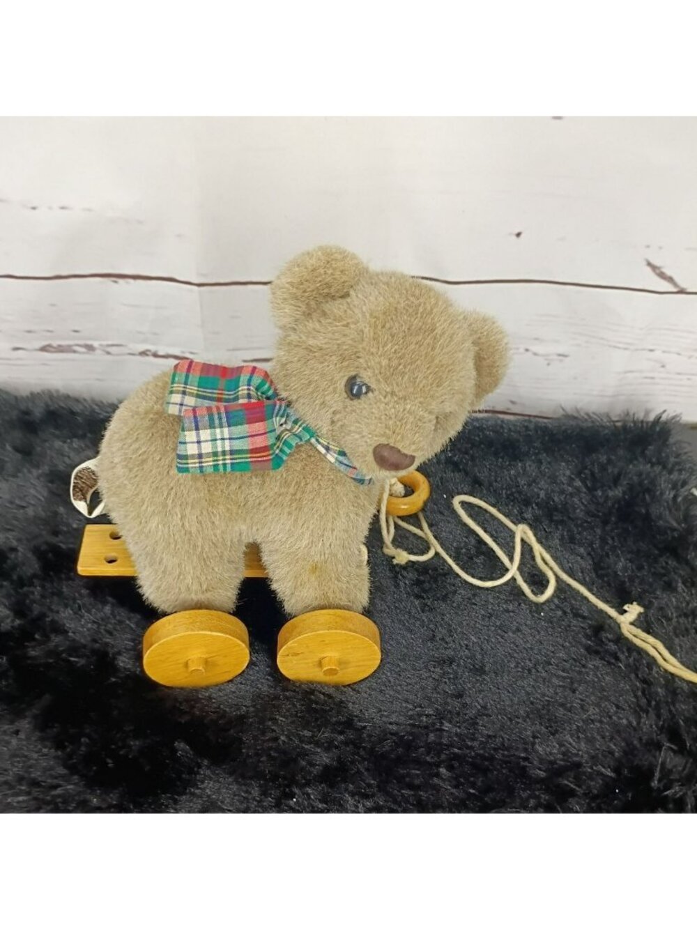 Applause Nostalgic Bear On Wheels With Pull String - Soft Plush & Wood - Vintage